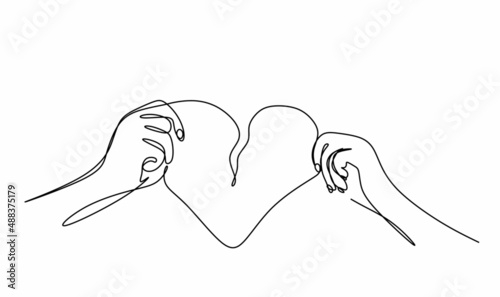 a continuous drawing of one line of a man's hand and a woman's hand tear a piece of paper in the shape of a heart. The concept of relationship psychology, quarrel, divorce.