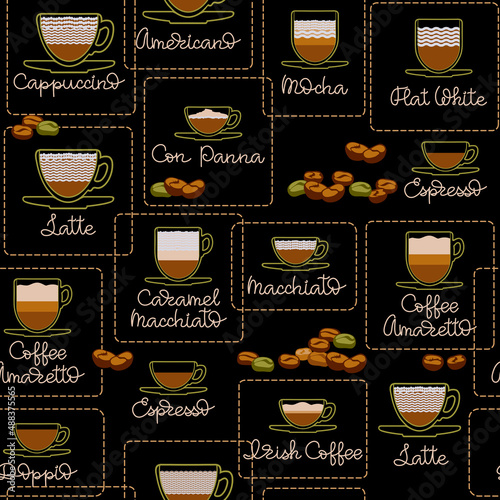 Collection of different coffee drinks. Handwritten text. Seamless pattern. Vector.