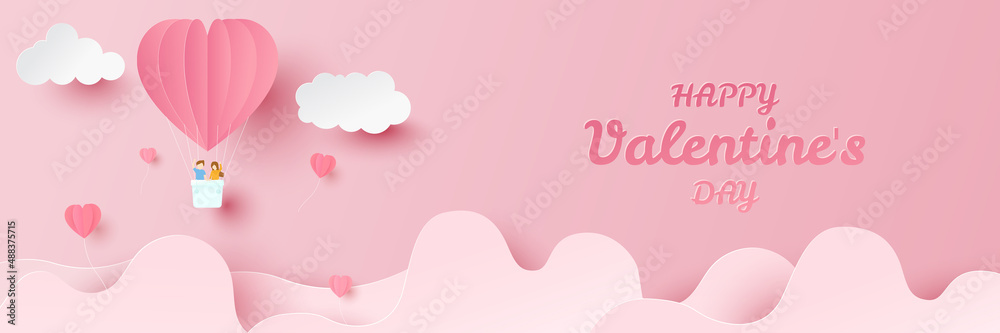Happy valentines day. Heart balloons with young couple on flying over clouds. Paper cut and craft style illustration