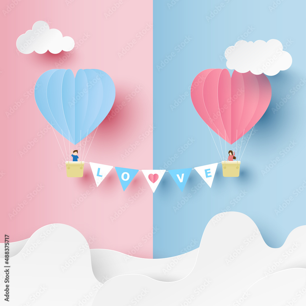 Valentines day card. Heart balloons with young couple on flying over clouds with text love. Paper cut and craft style illustration