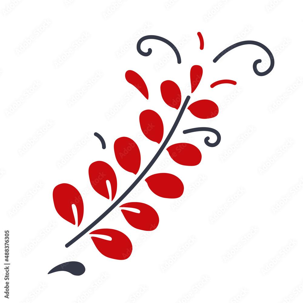 Plant pattern in the form of red leaves for painting objects. Imitation of Khokhloma. Vector illustration for decoration