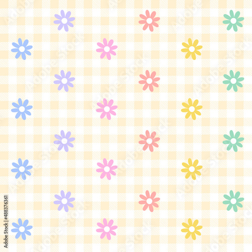 Rainbow Purple Blue Green Yellow Orange Pink Cute Daisy Flower Colorful Plaid Gingham Pattern Background Vector Cartoon Illustration Tablecloth, Picnic mat wrap paper, Mat, Fabric, Textile, Scarf.