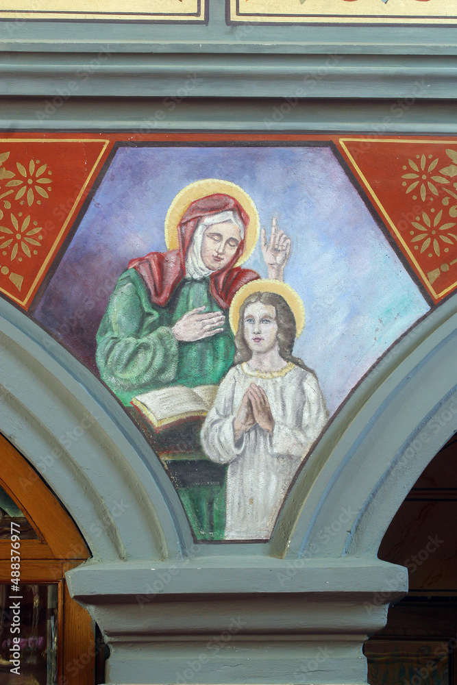 Saint Anne, education of the Virgin Mary, fresco in the parish church of Helena in Zabok, Croatia