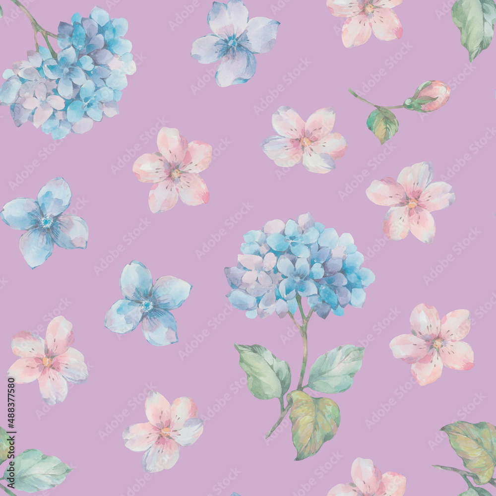 Seamless pattern of watercolor flowers. Watercolor illustration for design, ready-made seamless background with delicate flowers