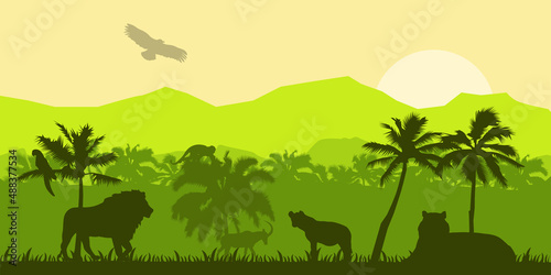 Jungle forest vector silhouette, green tropical nature background, amazon rainforest panoramic landscape. Wild fauna illustration, lion, monkey, toucan, parrot. Jungle silhouette banner EPS