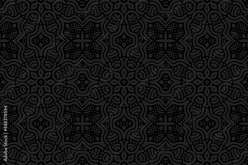 Embossed ethnic black background, exotic cover design. Geometric ornamental 3D pattern. Artistic creativity of the peoples of the East, Asia, India, Mexico, Aztecs in the style of folk traditions.