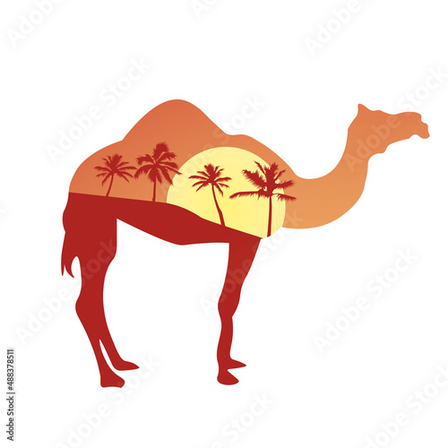 Visual drawing isolated camel of silhouettes camelanimal wildlife in the desert with nature and sunset background for vector illustration travel concept EPS