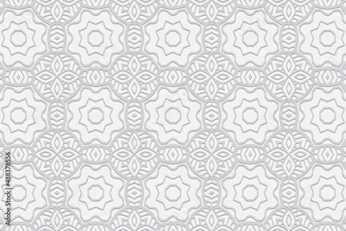 Embossed ethnic white background, luxury cover design. Geometric ornamental 3D pattern. Artistic creativity of the peoples of the East, Asia, India, Mexico, Aztecs in the style of folk traditions.