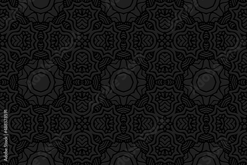 Embossed ethnic black background, vintage cover design. Geometric ornamental 3D pattern. Artistic creativity of the peoples of the East, Asia, India, Mexico, Aztecs in the style of folk traditions.