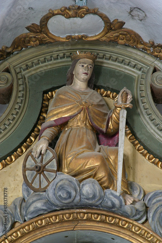 St. Catherine of Alexandria, statue on the altar of St. Barbara in the parish church of St. Anthony the Hermit in Slavetic, Croatia