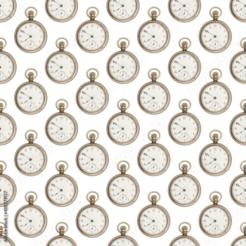 Silver and white Pocket watch on seamless background