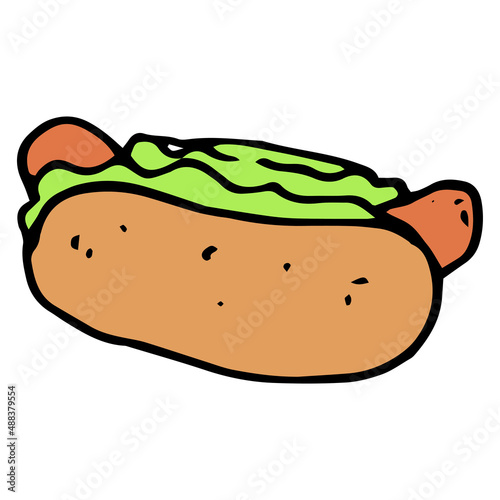 hot dog icon color. with handmade street food hot dogs in doodle style, black outline, brown bun with sausage and green salad on white for menu label design template