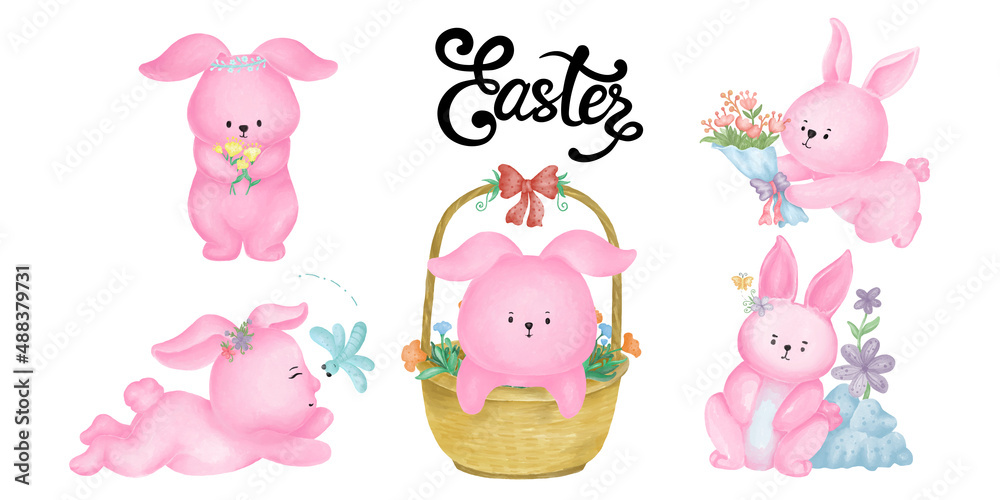 Bunny illustration in pink tones Designed with watercolor graphics. It can be applied to a variety of projects such as cards, covers, children's art, crafts, digital printing, etc. Bunny illustration in pink tones Designed with watercolor graphics. It can be applied to a variety of projects such as cards, covers, children's art, crafts, digital printing, etc.
