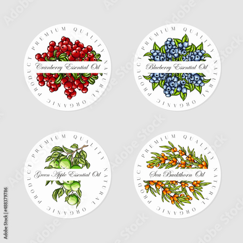 Set of essential oil labels. Green Apple, Blueberry, Cranberry and Sea backthorn oil. Hand drawn vector illustration
