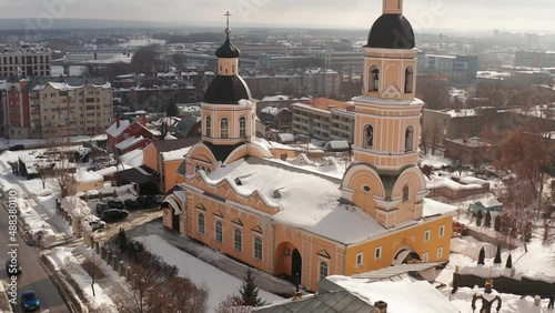 Intercession Bishops' Cathedral in Penza. Aerial view of the Intersession Bishop Cathedral and residential quarters in winter in city Penza, Russia. photo