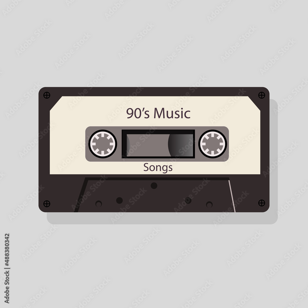 illustration of an old black music cassette tape with 90s songs