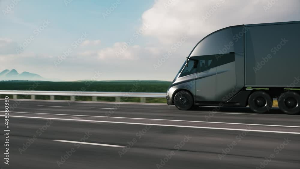 Semi Truck moving on a highway. Cargo trailer driving on the highway. Cargo trailer with goods on the road. 3d animation Semi Truck moving on a highway. Cargo trailer driving on the highway. Cargo trailer with goods on the road. 3d animation