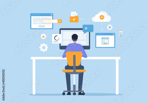 flat vector business man working on monitor computer and design concept technology smart working online connect to cloud server network anywhere concept