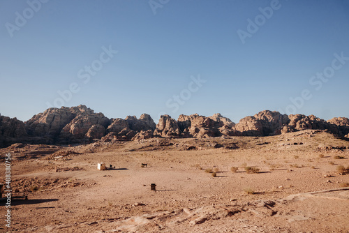 Landscape of Petra. Top view of the red mountains and the ruins of Petra. Jordan. Colorful photos.
