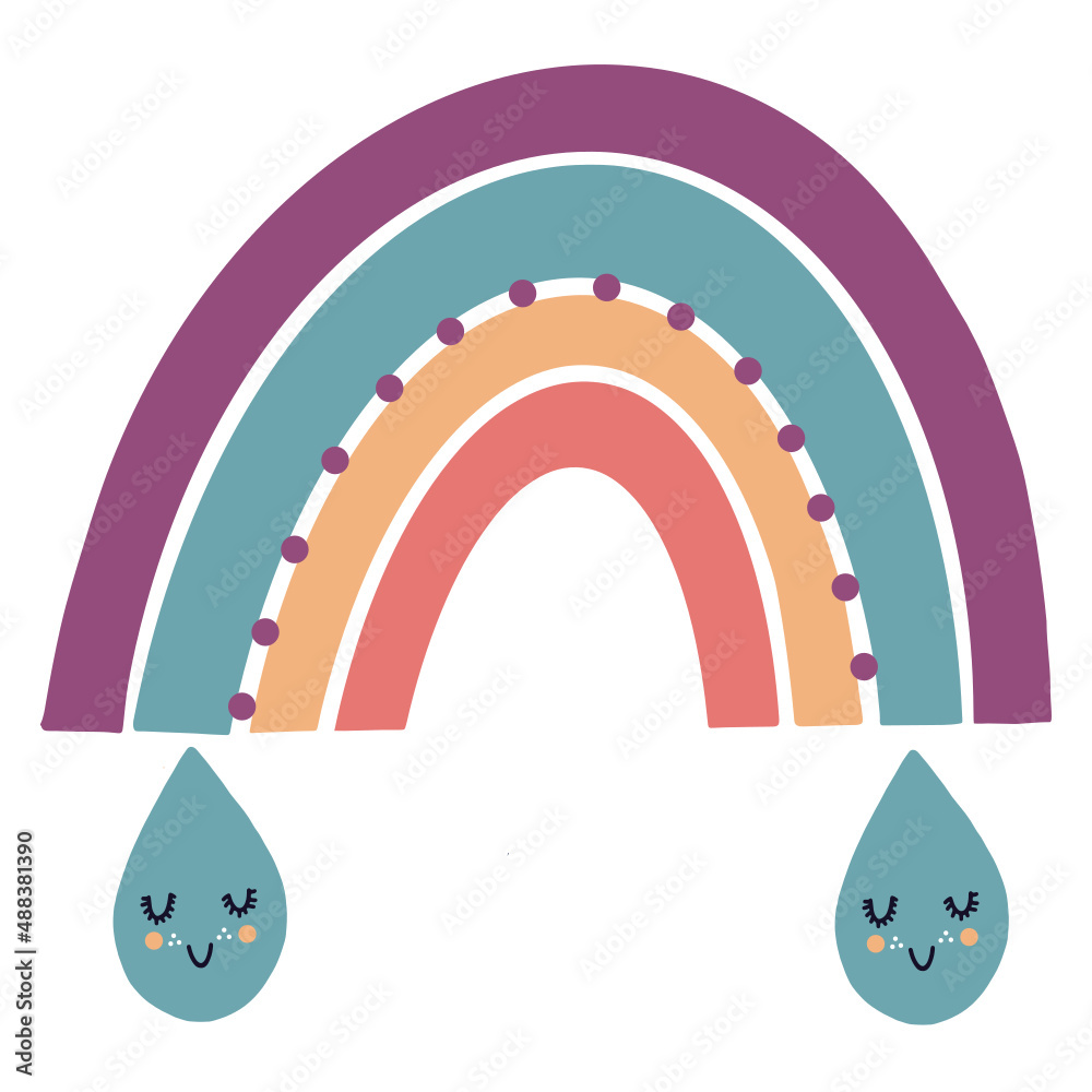 Colorful rainbow with flowers stars, dots, hearts in purple, yellow, red, turquoise, navy, pink Colorful rainbow with flowers stars, dots, hearts in purple, yellow, red, turquoise, navy, pink