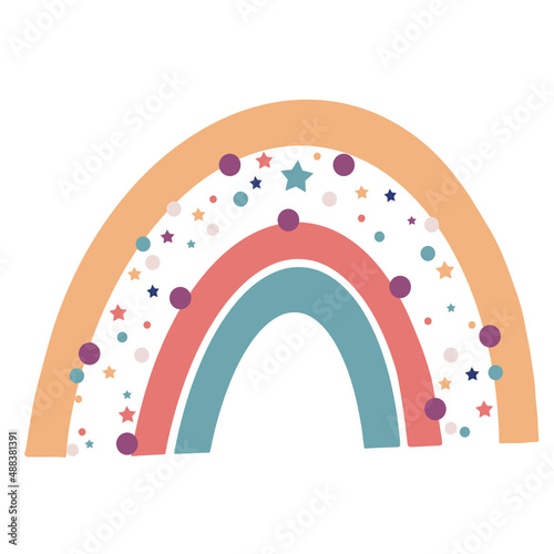 Colorful rainbow with flowers stars, dots, hearts in purple, yellow, red, turquoise, navy, pink