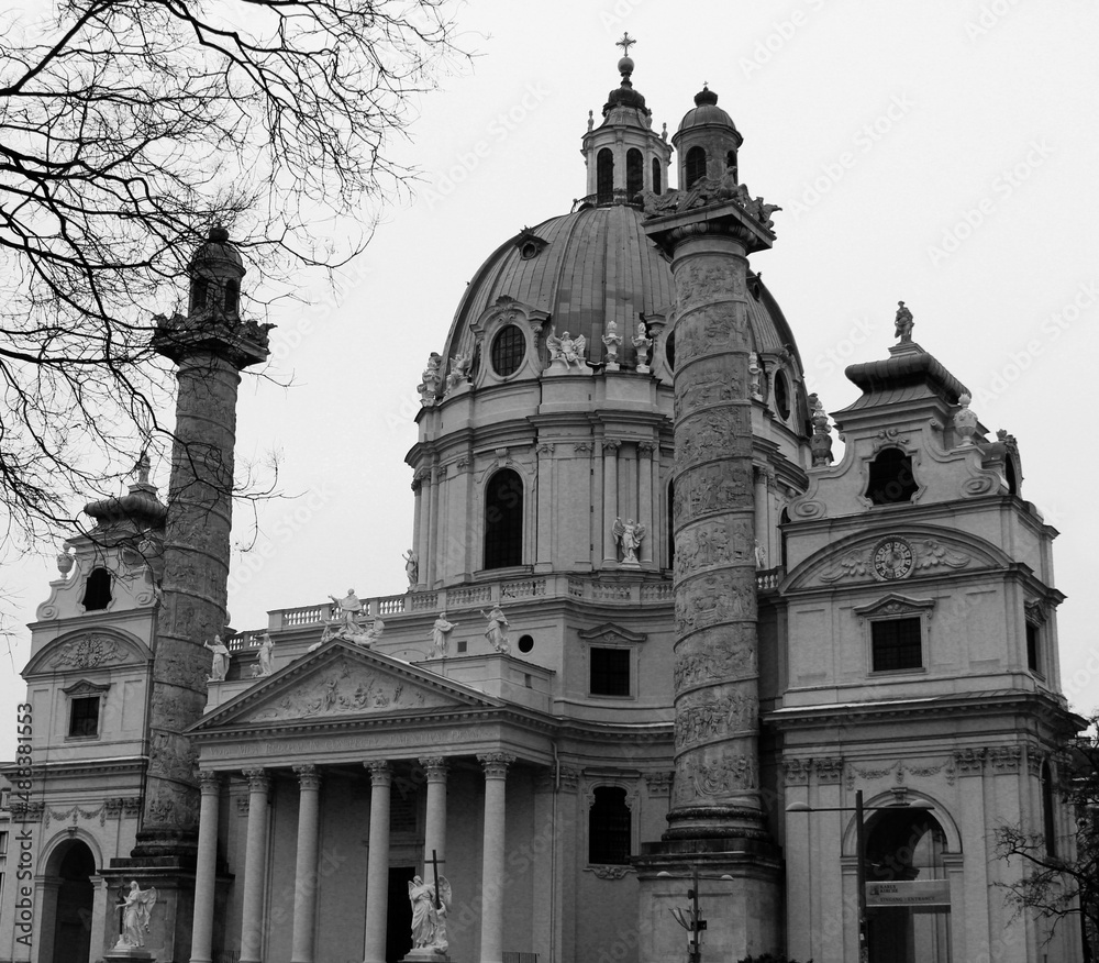 Vienna. Austria. March 14, 2020. Facade of Karlskirche (St. Charles's Church). Domed upper part.