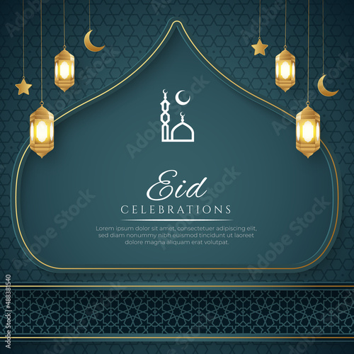 Eid Mubarak Blue Luxury Islamic Arch Background with Decorative Ornaments