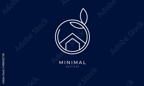 A line art icon logo of a house/home with a leaf circle	
