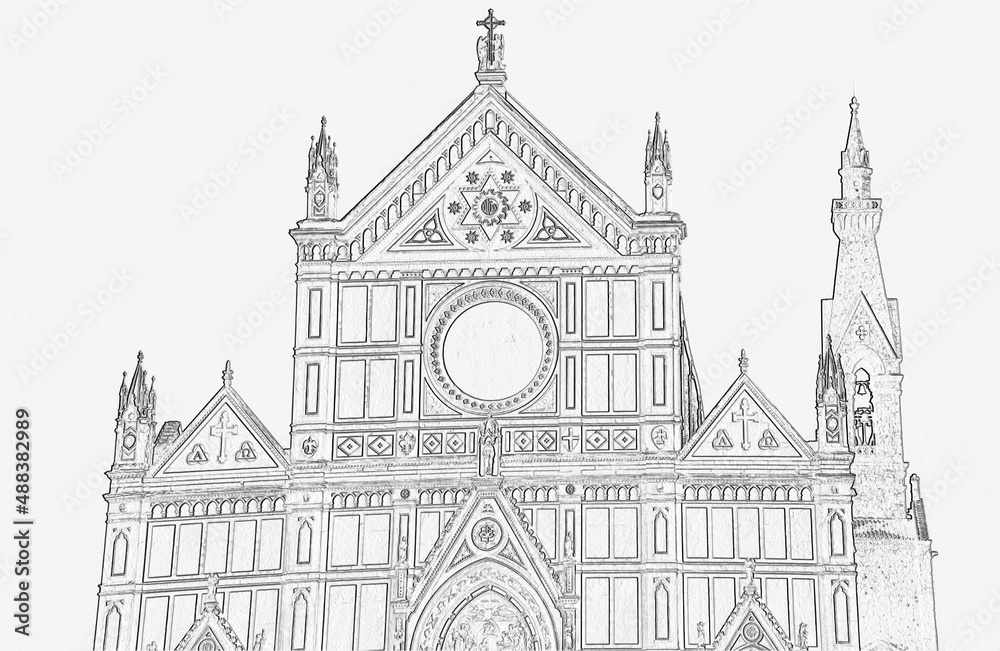 The buildings of an ancient church Santa Croce in Florence. Illustration.