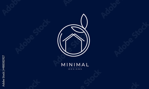 A line art icon logo of a house/home with a leaf circle	

