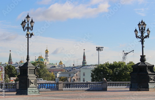 Walls and towers of the Moscow Kremlin. View of the main object of power in Russia.