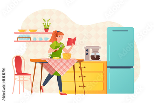 Woman cooking in kitchen at home flat concept people scene. Happy young girl mixing dough for dessert at table near fridge. Chef prepares homemade pastry. Vector illustration for web banner design