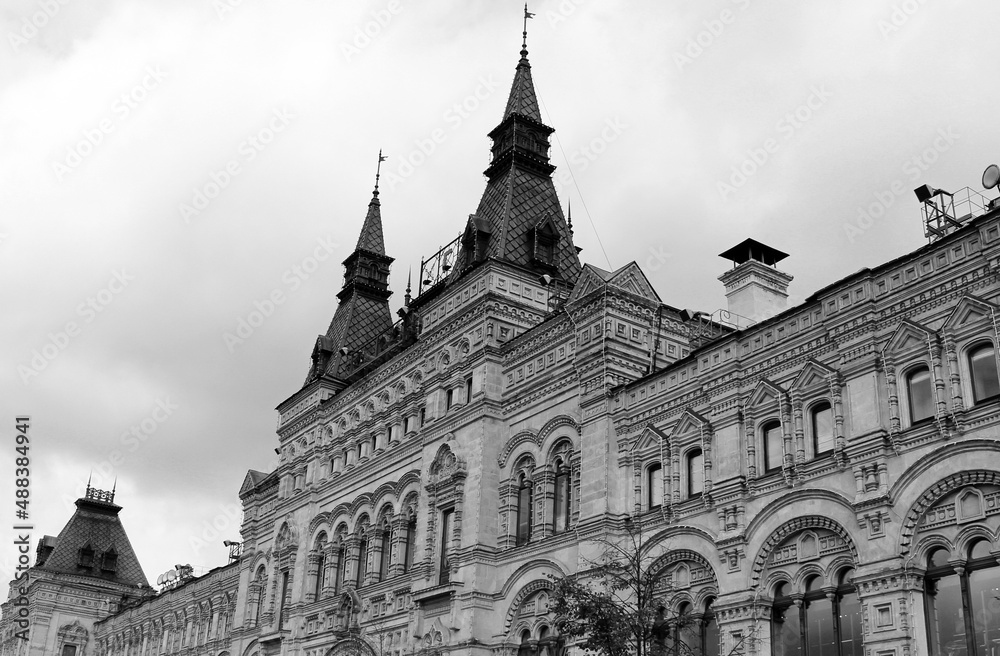 An old building in the center of Moscow. Soviet pore architecture. The building of the main department store on Red Square.