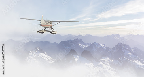 Fototapeta Naklejka Na Ścianę i Meble -  Seaplane Flying over the Rocky Mountains on West Coast Pacific Ocean at sunny evening. Adventure Composite. 3D Rendering Airplane. Background Image from Vancouver Island, British Columbia, Canada.