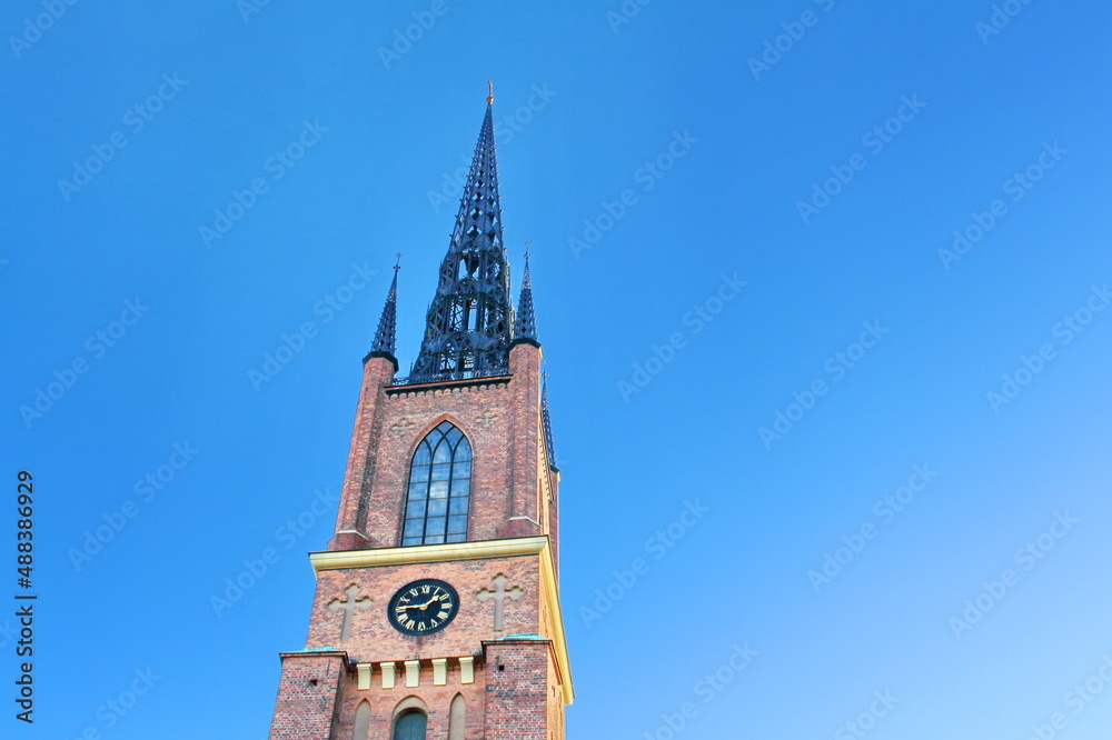Stockholm. Sweden.  Riddarholmen Church, located on Riddarholmen Island, next to the Royal Palace in Stockholm, Sweden. The only surviving medieval monastery church in Stockholm.