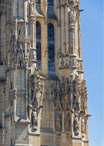 Saint-Jacques Tower (Tour Saint-Jacques). Fragment of flamboyant Gothic wall with sculptures. Remains of XVI-cent. Church of Saint-Jacques-de-la-Boucherie. Paris, France. Art, and history concept
