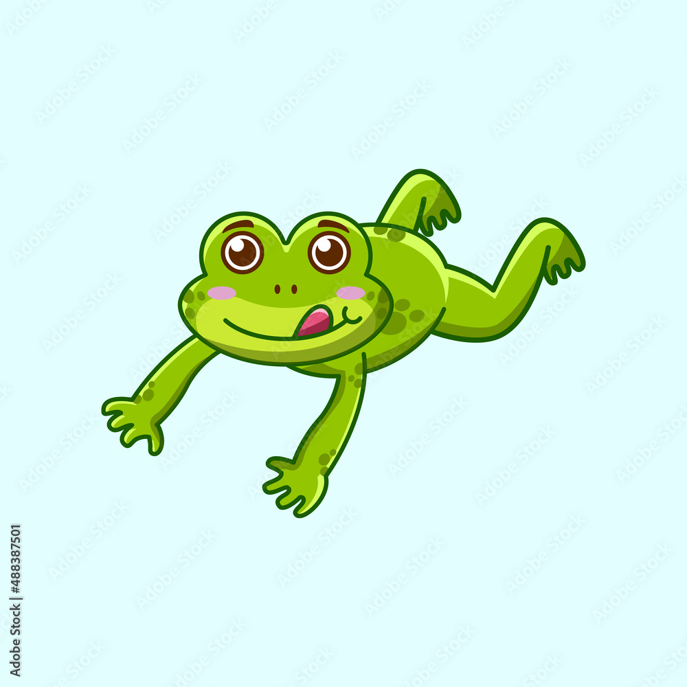 Cute green frog jumping cartoon character isolated on white background