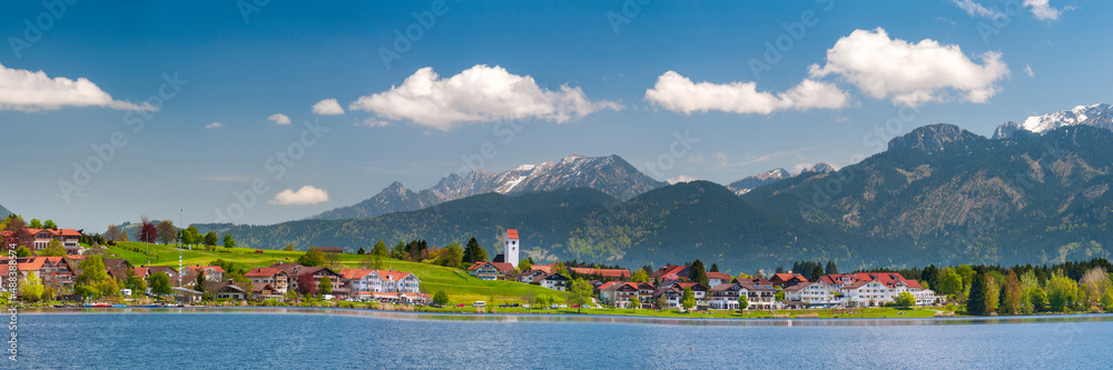 Naklejka premium panoramic scene with rural landscape and mountain range in Bavaria, germany