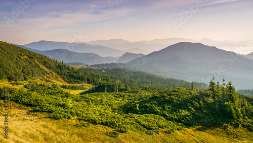 Beautiful sunrise in the Carpathians. Traveling along the mountains  freedom and active lifestyle concept. The beauty of the Carpathian Mountains. Vibrant photo