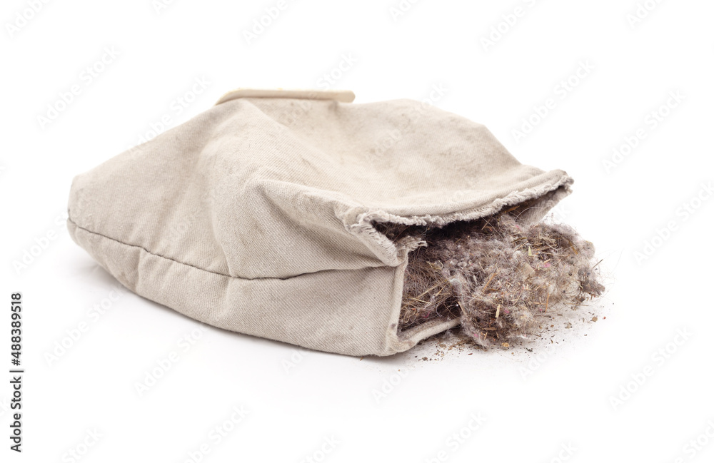 White bag for a vacuum cleaner with garbage.