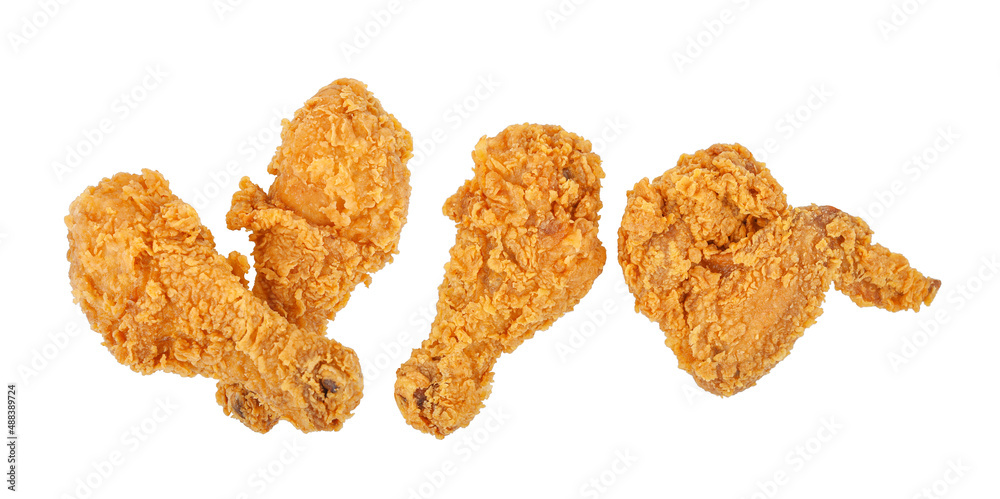 Fried chicken isolated on white background. Top view Fried chicken isolated on white background. Top view