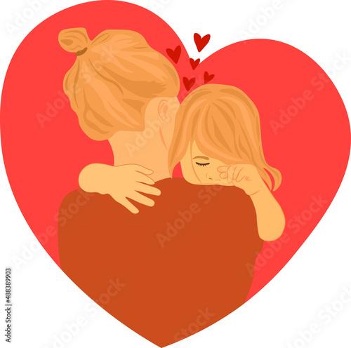 Mom holds a crying baby in her arms. Motherly love concept vector.