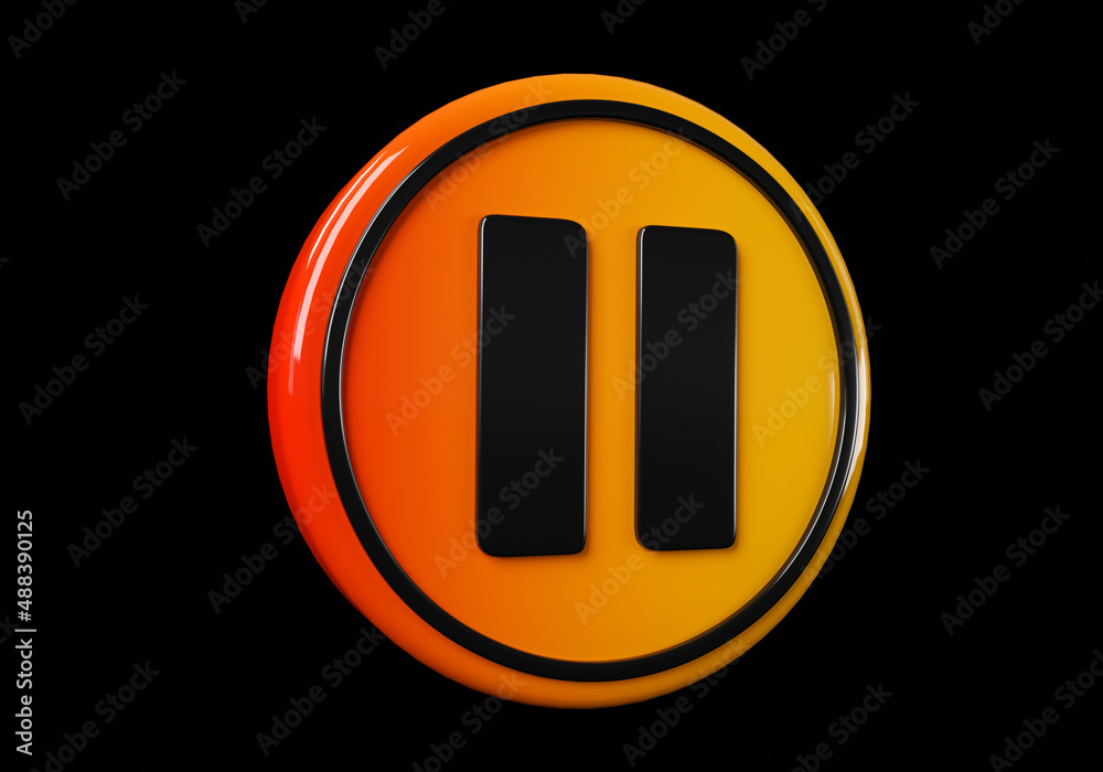Pause media button. buttons. Shiny icon with yellow frame and with reflection. 3d illustration on black background Pause media button. buttons. Shiny icon with yellow frame and with reflection. 3d illustration on black background
