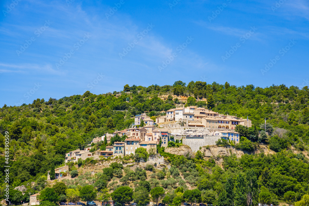 Village of Sainte-Croix-du-Verdon on a summer day with blue sky in Provence, France