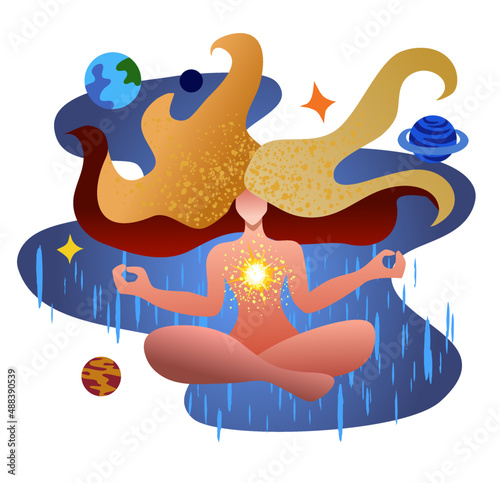 The girl is meditating in space