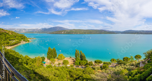 Panoramic view of the Lake of Sainte-Croix fed by the Verdon river, at the outlet of the Verdon Gorge in Alpes de Haute Provence, France
