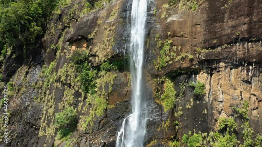 Aerial close up view of Diyaluma falls second highest waterfall in Sri Lanka