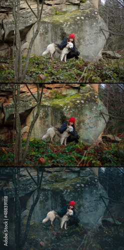 beforeafter result of photo editing manipulation with photography of woman and wolf portrait and mountain woods landscape from common to mystic style photo
