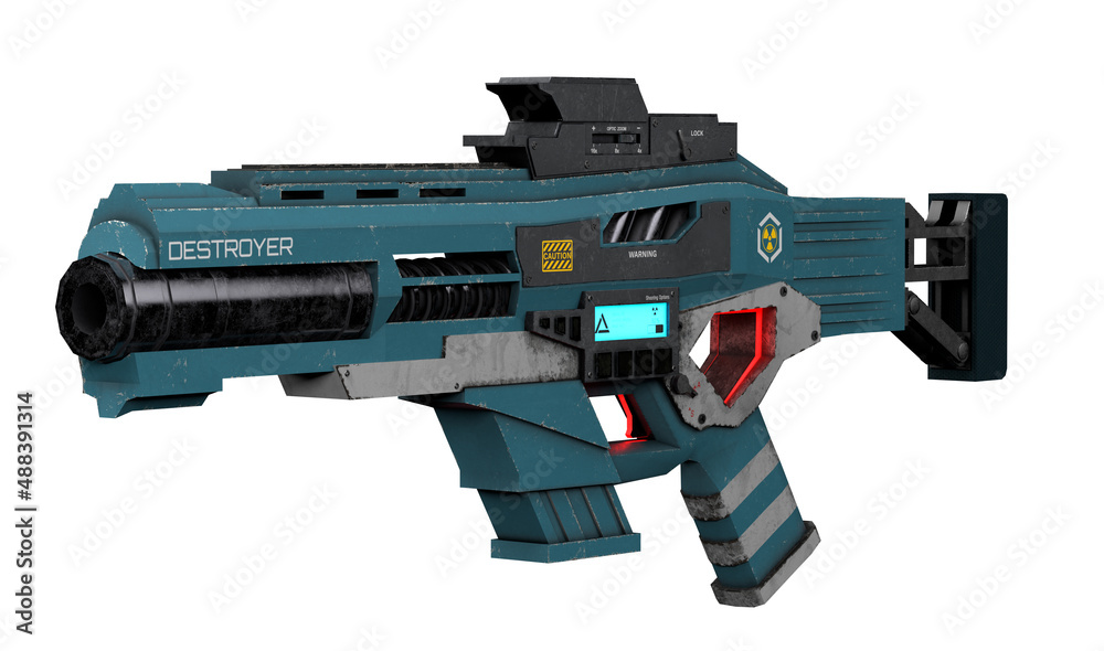 Isolated Weapon illustration on white background. Dark blue and black Assault rifle 3d for games, posters. Rendered blaster with grunge texture. Automatic assaul object. Robotical shotgun. Isolated Weapon illustration on white background. Dark blue and black Assault rifle 3d for games, posters. Rendered blaster with grunge texture. Automatic assaul object. Robotical shotgun.
