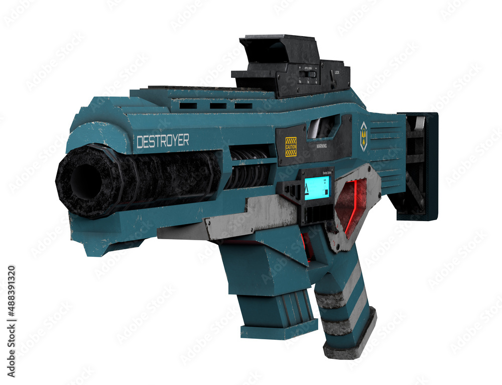 Isolated Weapon illustration on white background. Dark blue and black Assault rifle 3d for games, posters. Rendered blaster with grunge texture. Automatic assaul object. Robotical shotgun. Isolated Weapon illustration on white background. Dark blue and black Assault rifle 3d for games, posters. Rendered blaster with grunge texture. Automatic assaul object. Robotical shotgun.